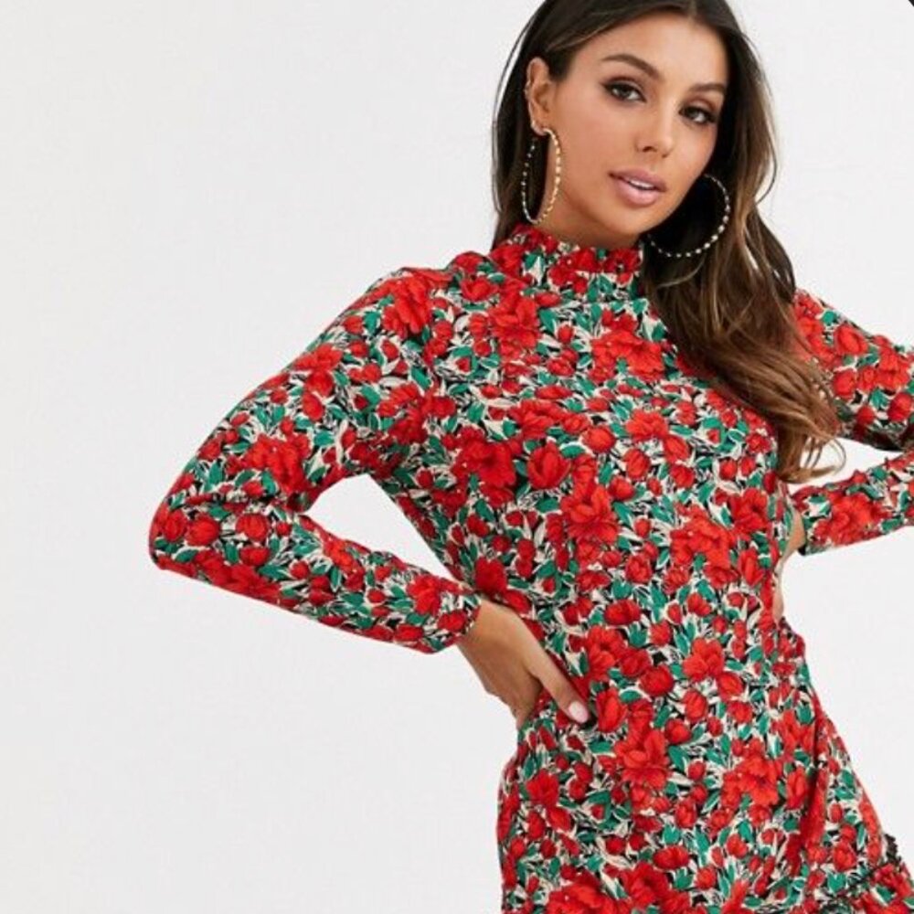 Missguided high neck smock dress with drop waist in floral print